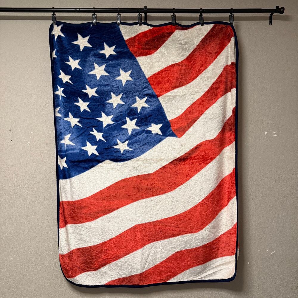 RARE Vtg San Marcos American Flag plush throw blanket - USA patriotic 60 x 47.5